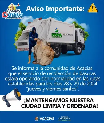 Los días 28 y 29 de marzo el servicio de recolección de basura operará con normalidad.