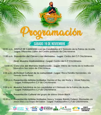 V Festival y Reinado de la Palma de Aceite en Chichimene: Programación del sábado 19 de noviembre 