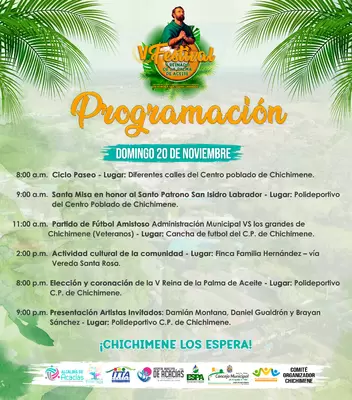 V Festival y Reinado de la Palma de Aceite en Chichimene: Programación del domingo 20 de noviembre 