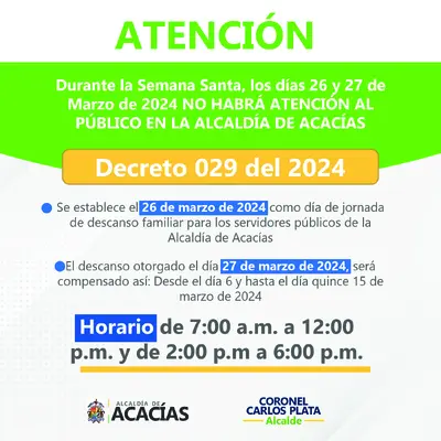 Decreto 029 de 2024: Cambio transitorio en horario laboral en la Alcaldía de Acacías