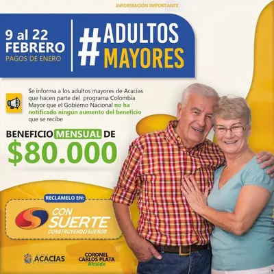 Beneficios de 80 mil pesos se pagarán por Colombia Mayor