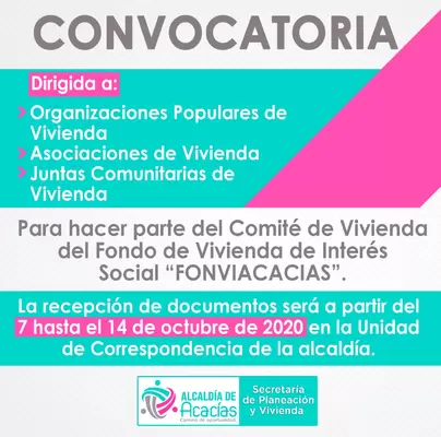 Invitación a ser parte del Comité del Fondo de Vivienda de Interés Social “FONVIACACIAS”.