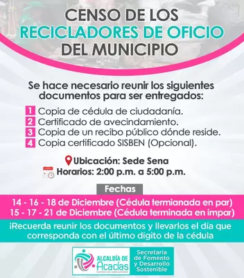 Participe en el Censo de los Recicladores de Oficio del Municipio de Acacias.