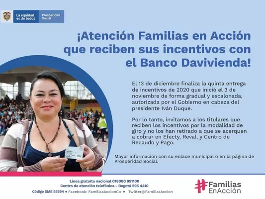 Pagos de Incentivos de Familias en Acción y Quinto Pago Extraordinario.