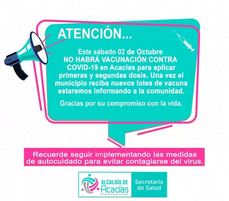 No habrá vacunación contra el Covid 19 este 2 de octubre en Acacías