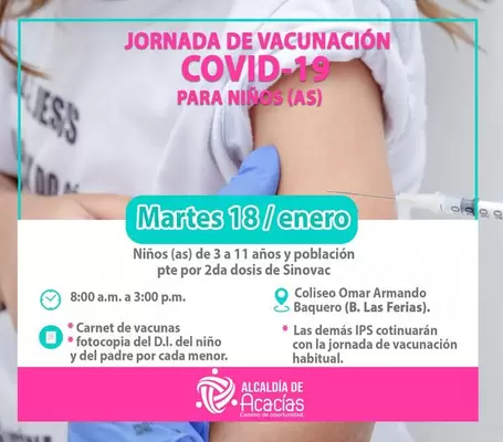 Jornada especial de vacunación contra el Covid-19 para Niños y niñas de 3 a 11 años